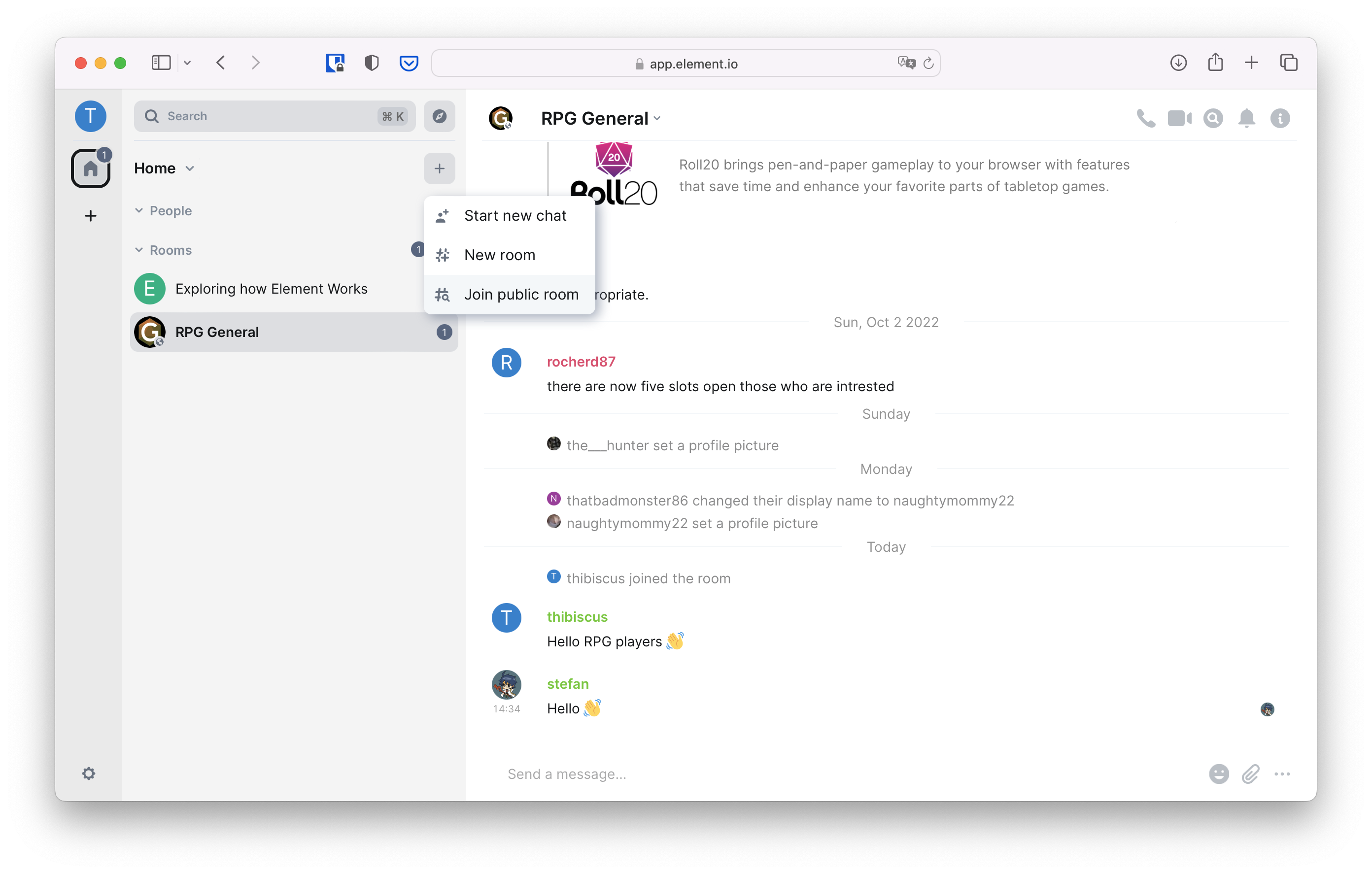 After clicking on the plus symbol in the room list, there is a menu with the options to start a new chat, create a new room, or join a public room.